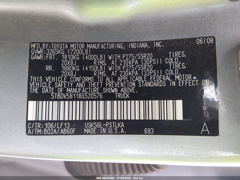 2008 Toyota Tundra VIN 5TBDV58118S520576 IAAI salvage auction — HAIL, Salvage (Kansas), sold $5,600 on 2026-07-31 (photo 9)
