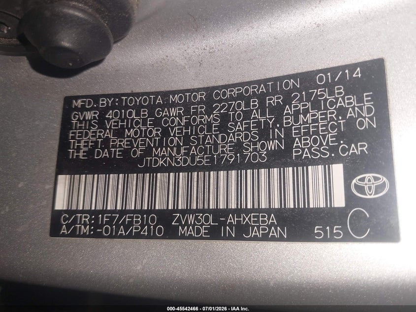 2014 Toyota Prius VIN JTDKN3DU5E1791703 IAAI salvage auction — FRONT END, Salvage (Arizona), sold $1,150 on 2026-07-28 (photo 9)