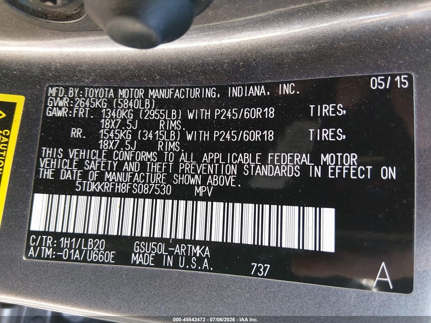 2015 Toyota Highlander VIN 5TDKKRFH8FS087530 IAAI salvage auction — FRONT END, Salvage Title, sold $5,500 on 2026-07-29 (photo 9)