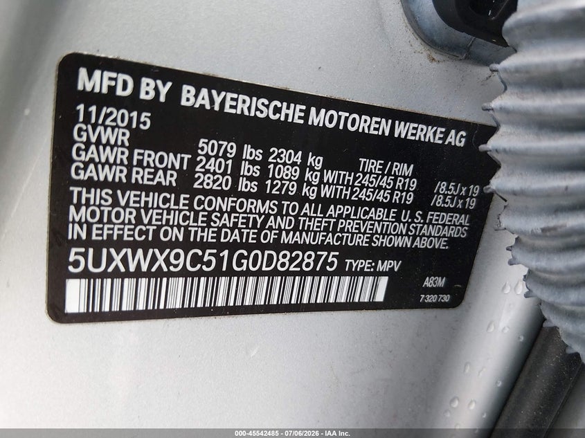 2016 BMW X3 VIN 5UXWX9C51G0D82875 IAAI salvage auction — NORMAL WEAR, Clear (New Jersey), sold $2,025 on 2026-07-14 (photo 9)
