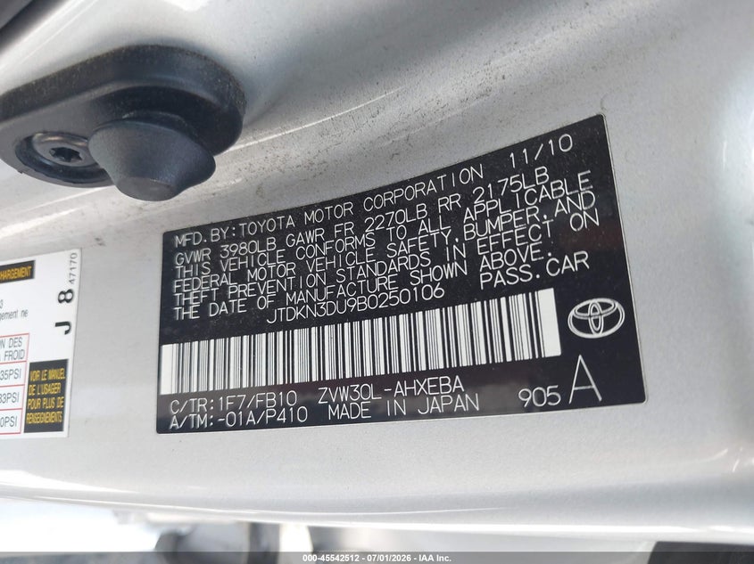 2011 Toyota Prius VIN JTDKN3DU9B0250106 IAAI salvage auction — NORMAL WEAR, Clear - Dealer Only (California), sold $2,200 on 2026-07-29 (photo 9)