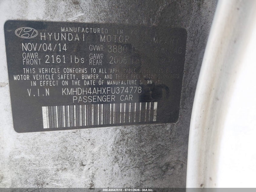 2015 Hyundai Elantra VIN KMHDH4AHXFU374778 IAAI salvage auction — REAR END, Salvage Title, sold $775 on 2026-07-29 (photo 9)