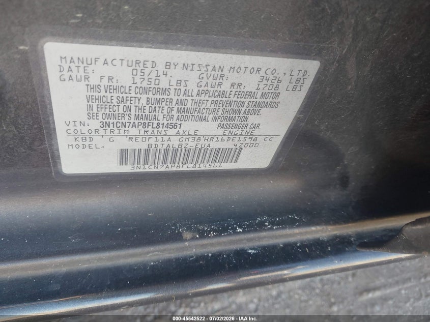 2015 Nissan Versa VIN 3N1CN7AP8FL814561 IAAI salvage auction — MECHANICAL, Clear-Dealer Only (Arizona), sold $400 on 2026-07-09 (photo 9)