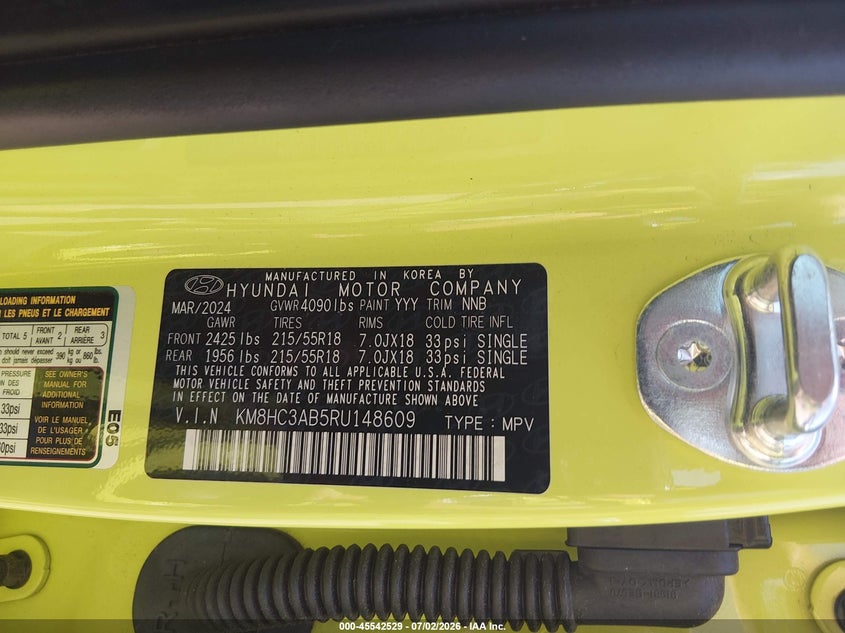2024 Hyundai Kona VIN KM8HC3AB5RU148609 IAAI salvage auction — FRONT END, Salvage Title, sold $3,900 on 2026-07-30 (photo 9)