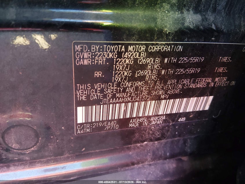 2021 Toyota Venza VIN JTEAAAAHXMJ041372 IAAI salvage auction — HAIL, Salvage (Indiana), sold $11,400 on 2026-07-29 (photo 9)