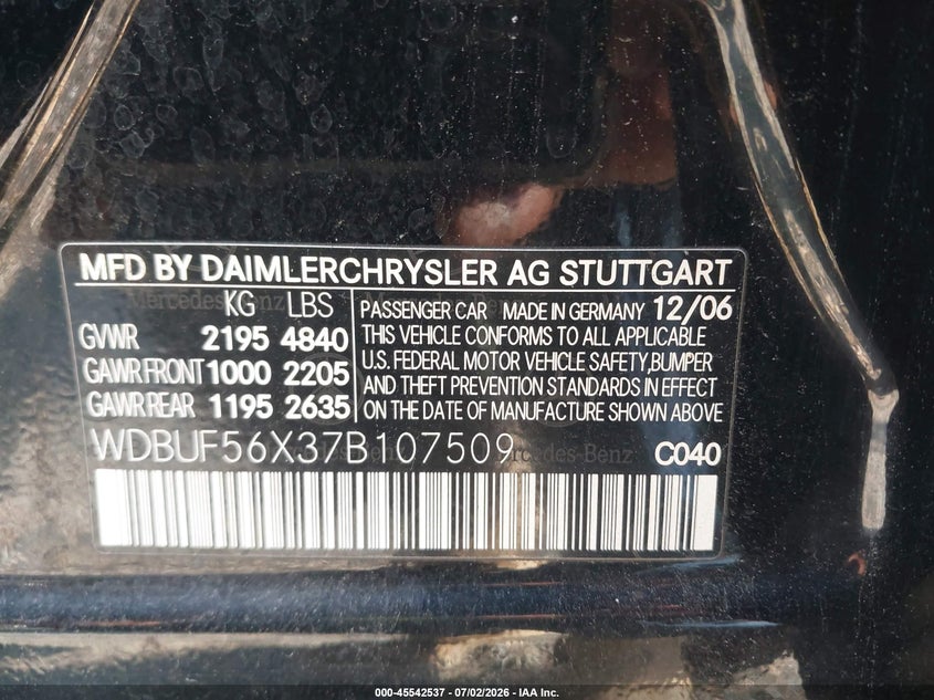 2007 Mercedes-benz E-class VIN WDBUF56X37B107509 IAAI salvage auction — NORMAL WEAR, Clear (Virginia), sold $725 on 2026-07-27 (photo 9)