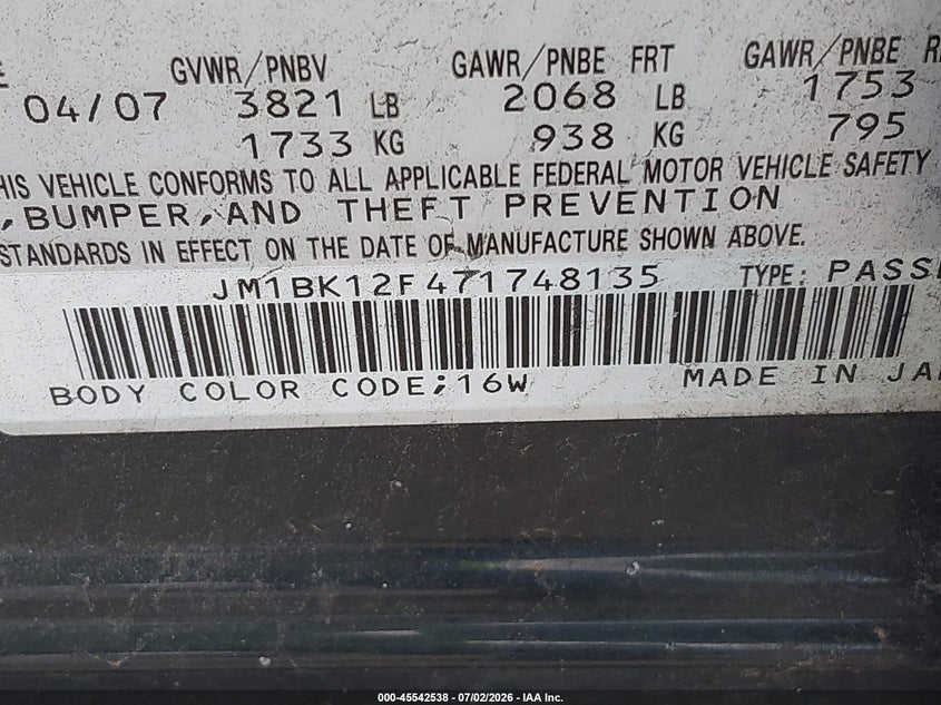 2007 Mazda 3 VIN JM1BK12F471748135 IAAI salvage auction — NORMAL WEAR, Original (Texas), sold $25 on 2026-07-10 (photo 9)