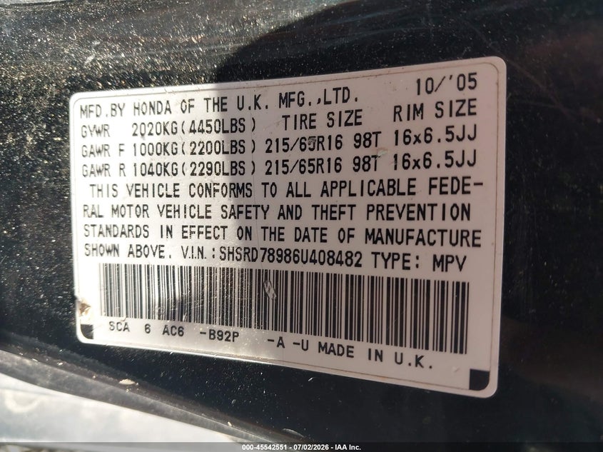 2006 Honda Cr-v VIN SHSRD78986U408482 IAAI salvage auction — NORMAL WEAR, Clear (North Carolina), sold $850 on 2026-07-10 (photo 9)