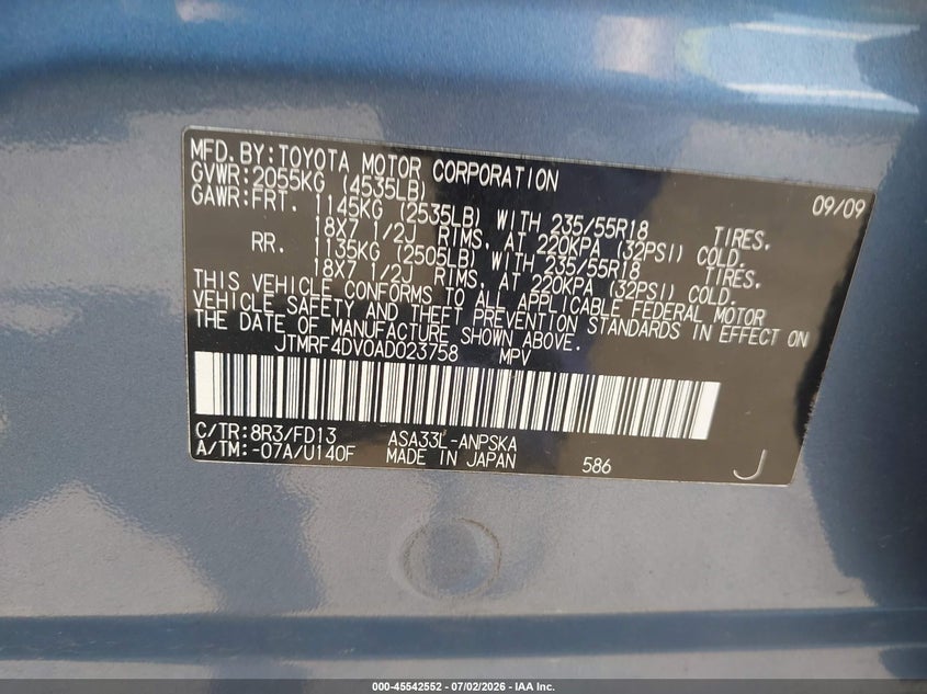 2010 Toyota Rav4 VIN JTMRF4DV0AD023758 IAAI salvage auction — FRONT & REAR, Salvage (Pennsylvania), sold $925 on 2026-07-28 (photo 9)