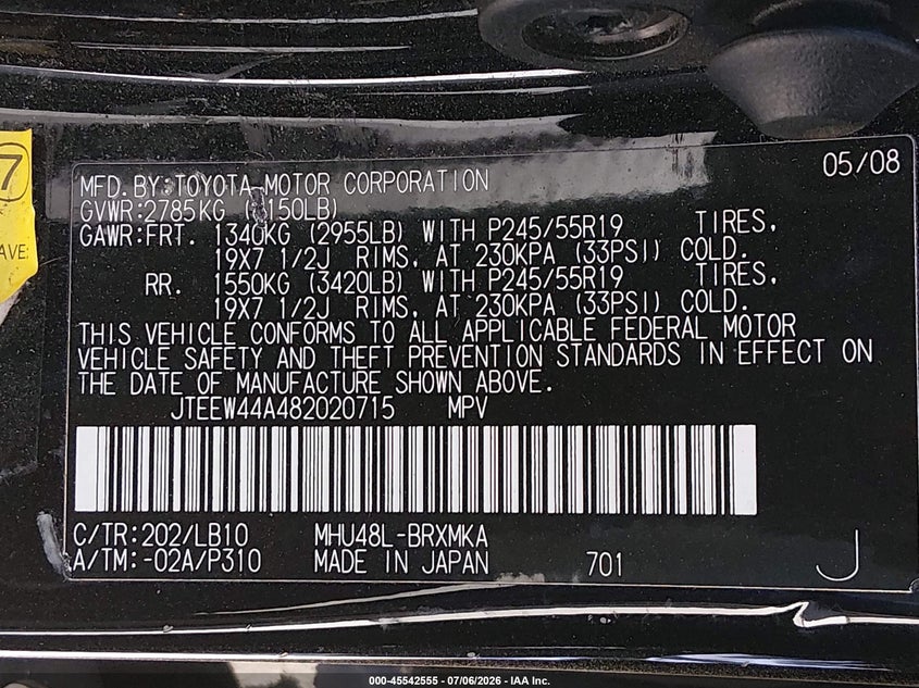 2008 Toyota Highlander hybrid VIN JTEEW44A482020715 IAAI salvage auction — LEFT FRONT, Salvage (California), sold $850 on 2026-07-29 (photo 9)