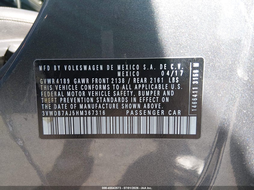 2017 Volkswagen Jetta VIN 3VWDB7AJ5HM367316 IAAI salvage auction — NORMAL WEAR, Salvage Title, sold $3,150 on 2026-07-24 (photo 9)