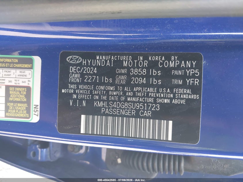 2025 Hyundai Elantra VIN KMHLS4DG8SU951723 IAAI salvage auction — FRONT END, Salvage Title, sold $5,100 on 2026-07-15 (photo 9)