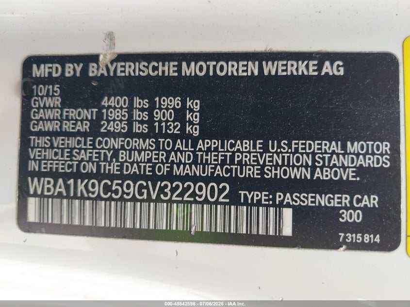 2016 BMW 2er VIN WBA1K9C59GV322902 IAAI salvage auction — FRONT END, Salvage - Greater Than 75% (Maryland), sold $1,500 on 2026-07-20 (photo 9)