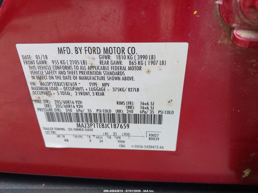 2018 Ford Ecosport VIN MAJ3P1TE8JC187659 IAAI salvage auction — NORMAL WEAR, Clear (Florida), sold $1,800 on 2026-07-30 (photo 9)