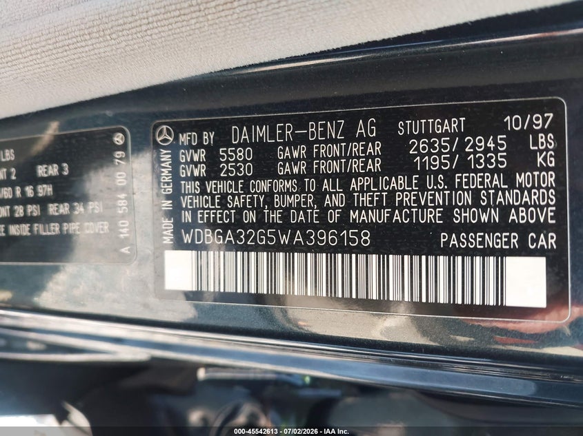 1998 Mercedes-benz S class VIN WDBGA32G5WA396158 IAAI salvage auction — NORMAL WEAR, Clear (New York), sold $4,300 on 2026-07-27 (photo 9)