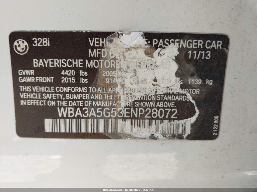 2014 BMW 3er VIN WBA3A5G53ENP28072 IAAI salvage auction — UNDERCARRIAGE, Salvage (Texas), sold $1,425 on 2026-08-13 (photo 9)