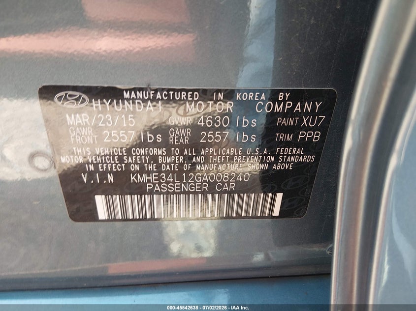 2016 Hyundai Sonata VIN KMHE34L12GA008240 IAAI salvage auction — NORMAL WEAR, Clear (Arkansas), sold $1,525 on 2026-07-30 (photo 9)