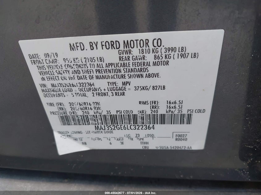 2020 Ford Ecosport VIN MAJ3S2GE6LC322364 IAAI salvage auction — NORMAL WEAR, Clear (Louisiana), sold $2,150 on 2026-07-09 (photo 9)