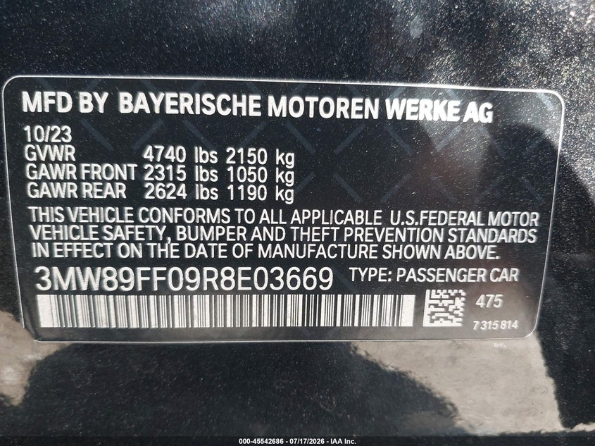 2024 BMW 3er VIN 3MW89FF09R8E03669 IAAI salvage auction — FRONT END, Salvage Title, sold $16,500 on 2026-10-09 (photo 9)