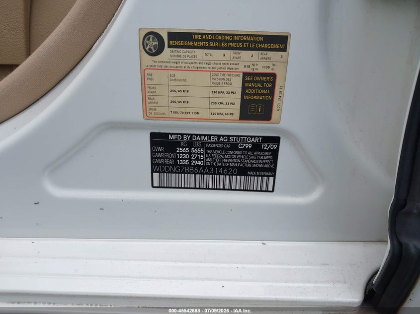 2010 Mercedes-benz S class VIN WDDNG7BB6AA314620 IAAI salvage auction — WATER/FLOOD, Salvage (Louisiana), sold $1,450 on 2026-07-29 (photo 9)