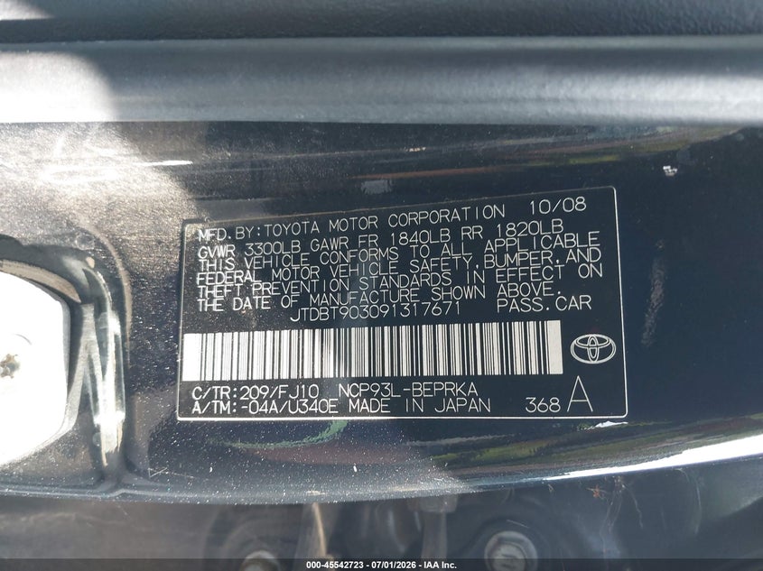 2009 Toyota Yaris VIN JTDBT903091317671 IAAI salvage auction — NORMAL WEAR, Salvage (California), sold $550 on 2026-07-29 (photo 9)