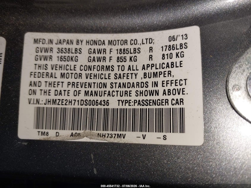 2013 Honda Insight VIN JHMZE2H71DS006436 IAAI salvage auction — NORMAL WEAR, Clear (Georgia), sold $1,425 on 2026-07-14 (photo 9)