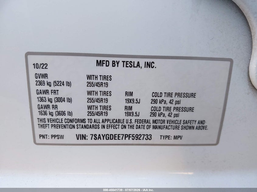 2023 Tesla Model y VIN 7SAYGDEE7PF592733 IAAI salvage auction — FRONT END, Bill Of Sale (Washington), sold $3,950 on 2026-07-28 (photo 9)