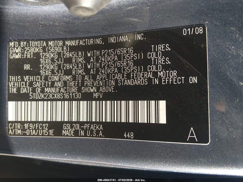 2008 Toyota Sienna VIN 5TDZK23CX8S161130 IAAI salvage auction — NORMAL WEAR, Clear (Missouri), sold $325 on 2026-07-28 (photo 9)