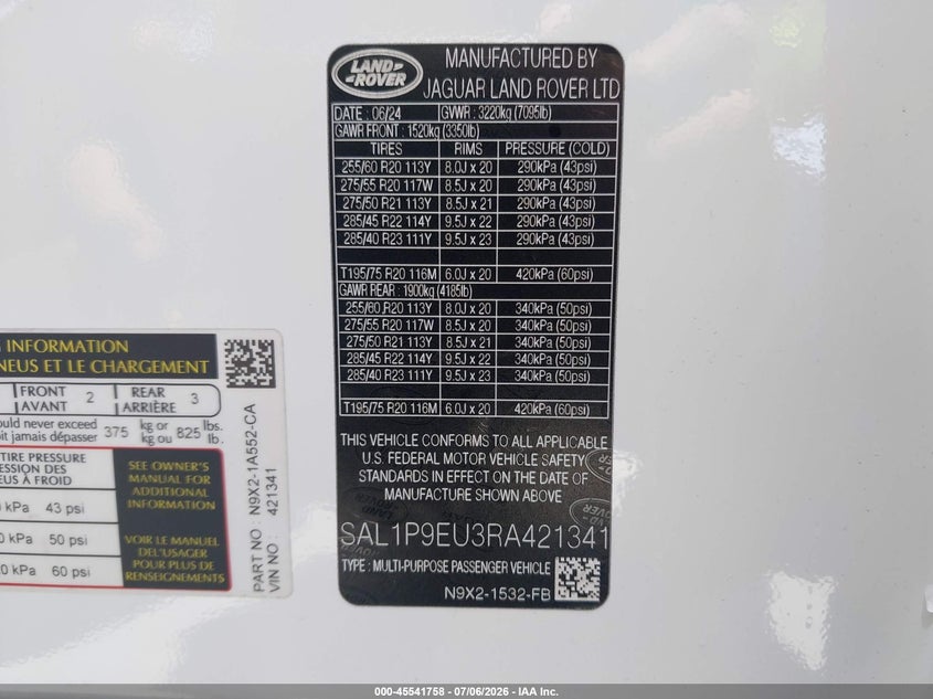2024 Land rover Range rover sport VIN SAL1P9EU3RA421341 IAAI salvage auction — FRONT END, Salvage Title, sold $30,875 on 2026-08-19 (photo 9)