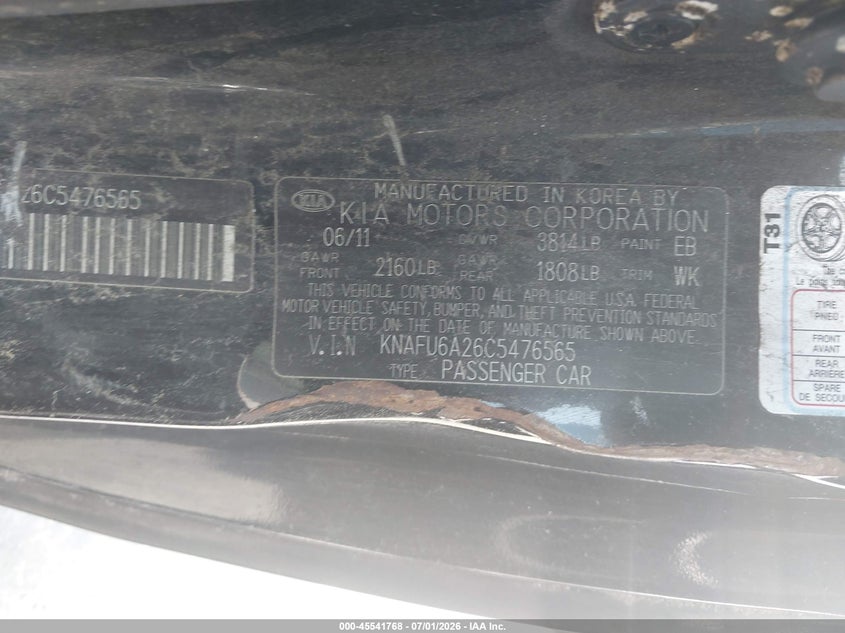 2012 Kia Forte VIN KNAFU6A26C5476565 IAAI salvage auction — ELECTRICAL, Clear (Georgia), sold $325 on 2026-07-15 (photo 9)