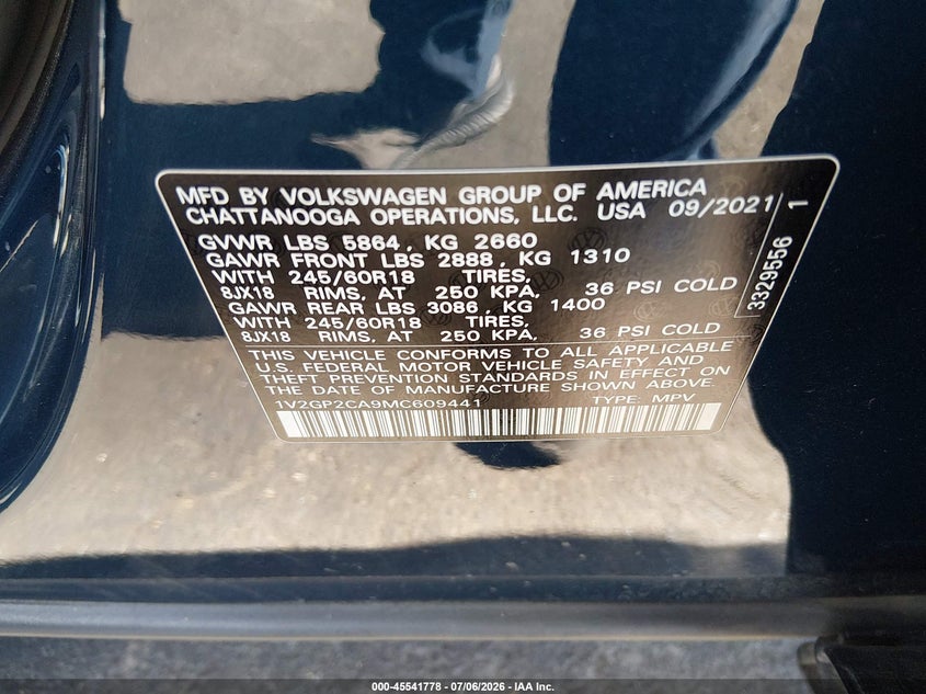2021 Volkswagen Atlas VIN 1V2GP2CA9MC609441 IAAI salvage auction — LEFT REAR, Wait Title, sold $6,400 on 2026-08-14 (photo 9)