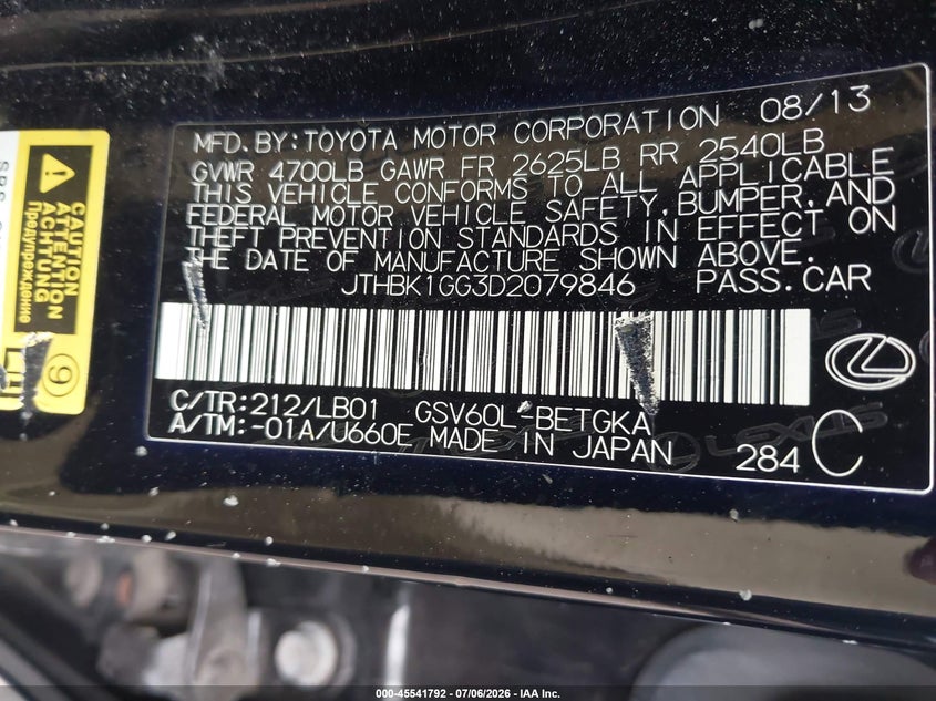 2013 Lexus ES VIN JTHBK1GG3D2079846 IAAI salvage auction — NORMAL WEAR, Clear (Michigan), sold $875 on 2026-07-16 (photo 9)