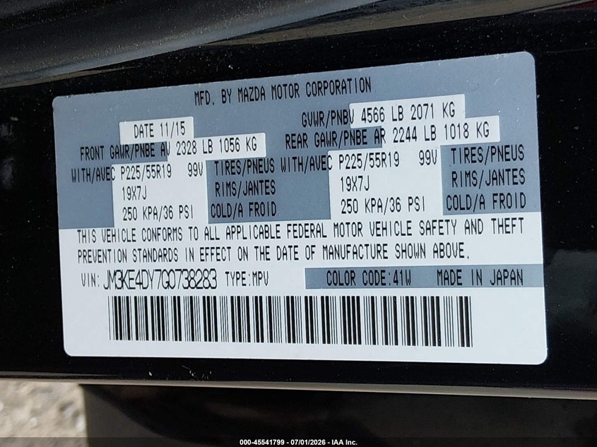 2016 Mazda Cx-5 VIN JM3KE4DY7G0738283 IAAI salvage auction — MECHANICAL, Salvage Title, sold $3,600 on 2026-07-15 (photo 9)