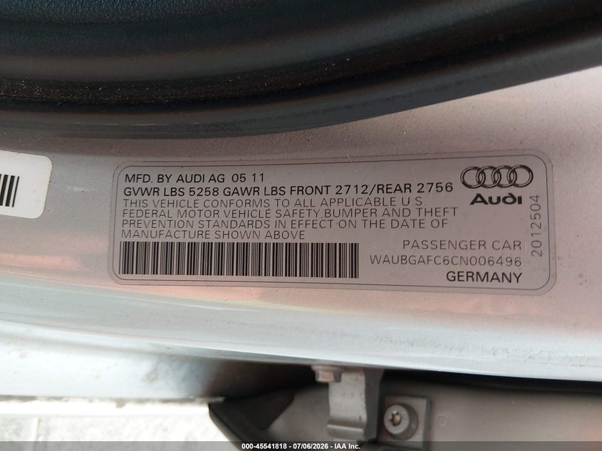 2012 Audi A6 VIN WAUBGAFC6CN006496 IAAI salvage auction — NORMAL WEAR, Original (Texas), sold $550 on 2026-07-21 (photo 9)