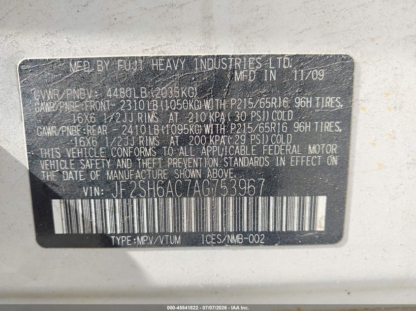 2010 Subaru Forester VIN JF2SH6AC7AG753967 IAAI salvage auction — NORMAL WEAR, Clear (North Carolina), sold $375 on 2026-07-28 (photo 9)
