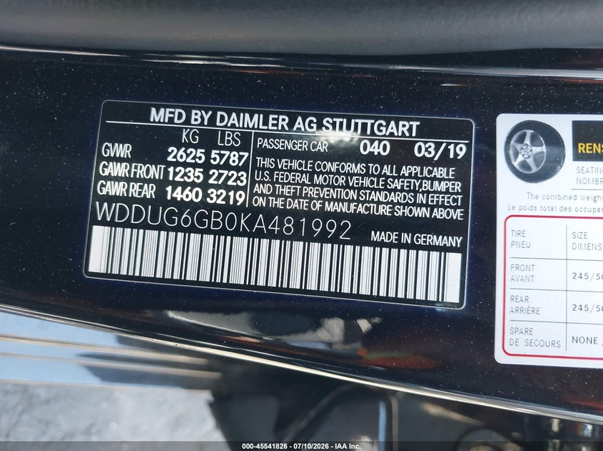 2019 Mercedes-benz S-klasse VIN WDDUG6GB0KA481992 IAAI salvage auction — FRONT END, Wait Title, sold $6,400 on 2026-08-12 (photo 9)