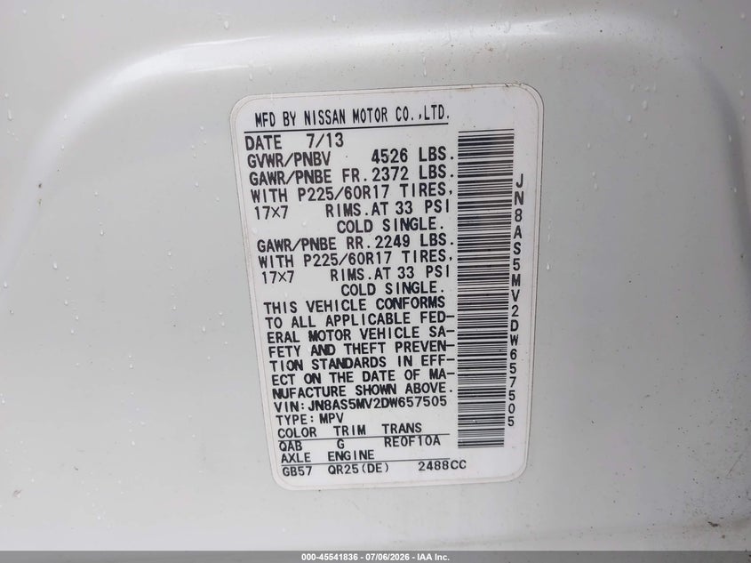 2013 Nissan Rogue VIN JN8AS5MV2DW657505 IAAI salvage auction — NORMAL WEAR, Clear (Massachusetts), sold $425 on 2026-07-31 (photo 9)