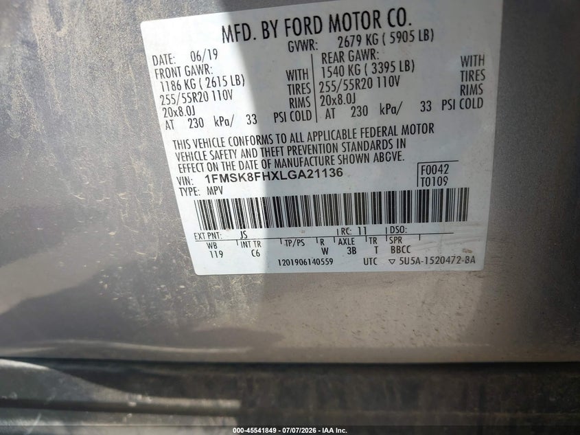 2020 Ford Explorer VIN 1FMSK8FHXLGA21136 IAAI salvage auction — LEFT FRONT, Salvage Title, sold $5,050 on 2026-10-09 (photo 9)