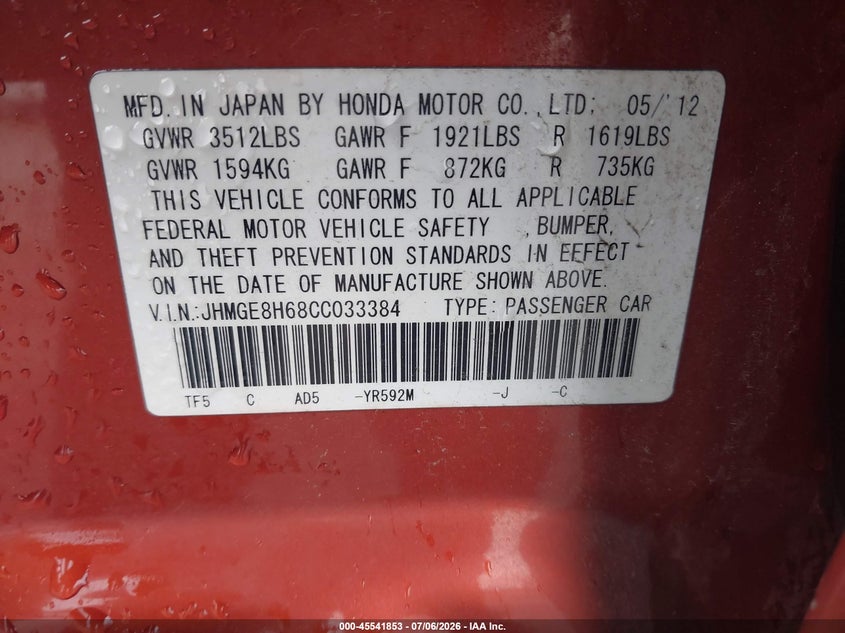 2012 Honda Fit VIN JHMGE8H68CC033384 IAAI salvage auction — REAR END, Salvage (Pennsylvania), sold $2,100 on 2026-07-17 (photo 9)