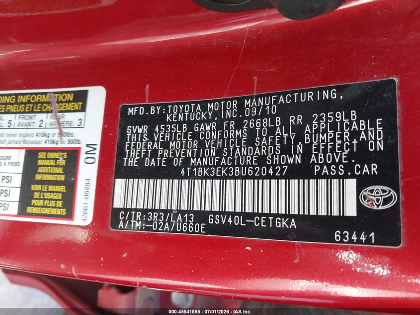 2011 Toyota Camry VIN 4T1BK3EK3BU620427 IAAI salvage auction — NORMAL WEAR, App For Dup Salv Title - Dealer (California), sold $875 on 2026-07-09 (photo 9)