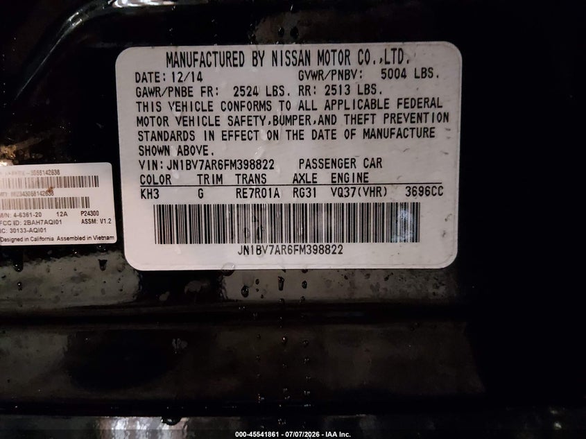 2015 Infiniti Q50 VIN JN1BV7AR6FM398822 IAAI salvage auction — FRONT END, Clear (Massachusetts), sold $500 on 2026-07-15 (photo 7)