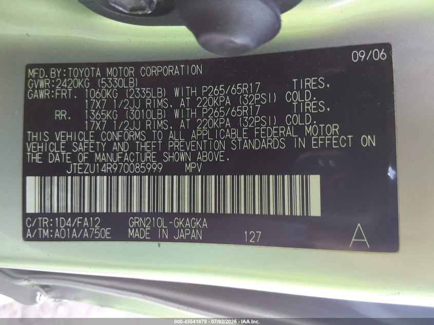 2007 Toyota 4runner VIN JTEZU14R970085999 IAAI salvage auction — SIDE, Salvage (Arizona), sold $25 on 2026-07-21 (photo 9)