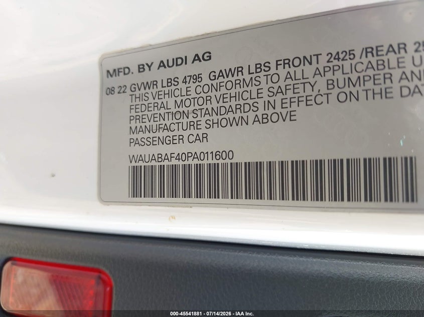 2023 Audi A4 VIN WAUABAF40PA011600 IAAI salvage auction — RIGHT SIDE, Salvage (Virginia), sold $8,600 on 2026-07-27 (photo 9)