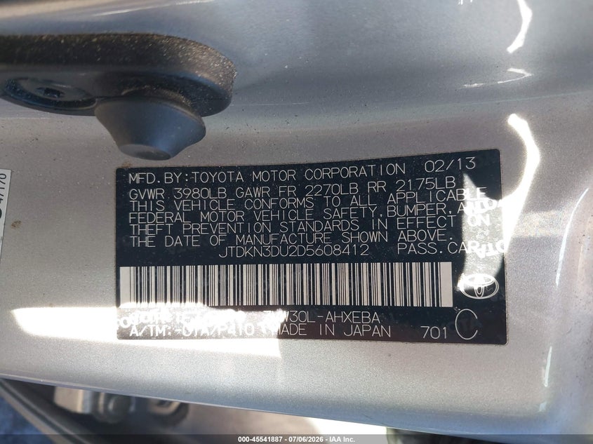 2013 Toyota Prius VIN JTDKN3DU2D5608412 IAAI salvage auction — LEFT & RIGHT, Salvage Certificate (California), sold $2,100 on 2026-07-24 (photo 9)