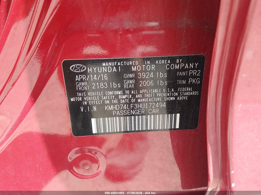 2017 Hyundai Elantra VIN KMHD74LF3HU172494 IAAI salvage auction — FRONT END, Mv-907A (New York), sold $1,250 on 2026-08-01 (photo 9)