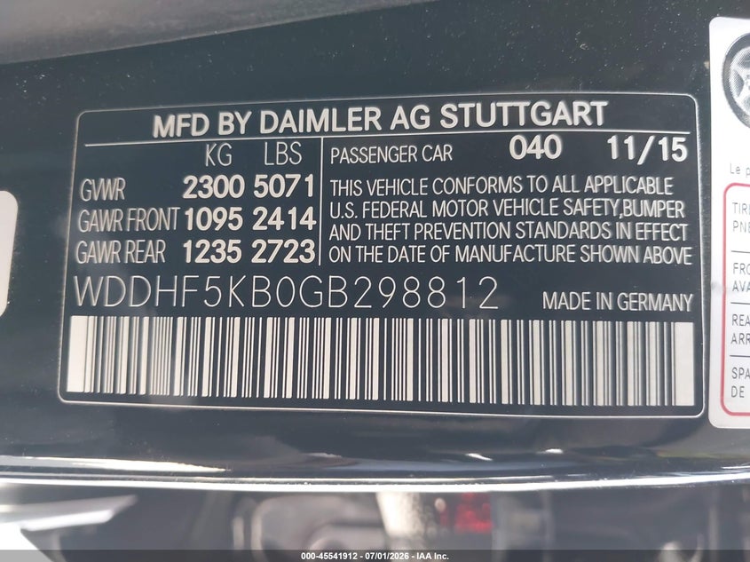 2016 Mercedes-benz VIN WDDHF5KB0GB298812 IAAI salvage auction — LEFT FRONT, Salvage Title, sold $2,375 on 2026-07-29 (photo 9)