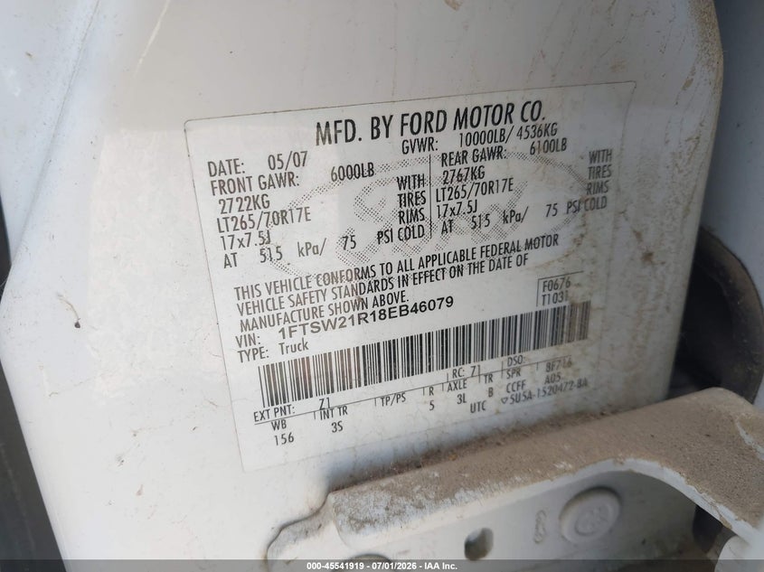 2008 Ford F-550 super duty VIN 1FTSW21R18EB46079 IAAI salvage auction — NORMAL WEAR, Clear - Dealer Only (California), sold $900 on 2026-07-08 (photo 9)