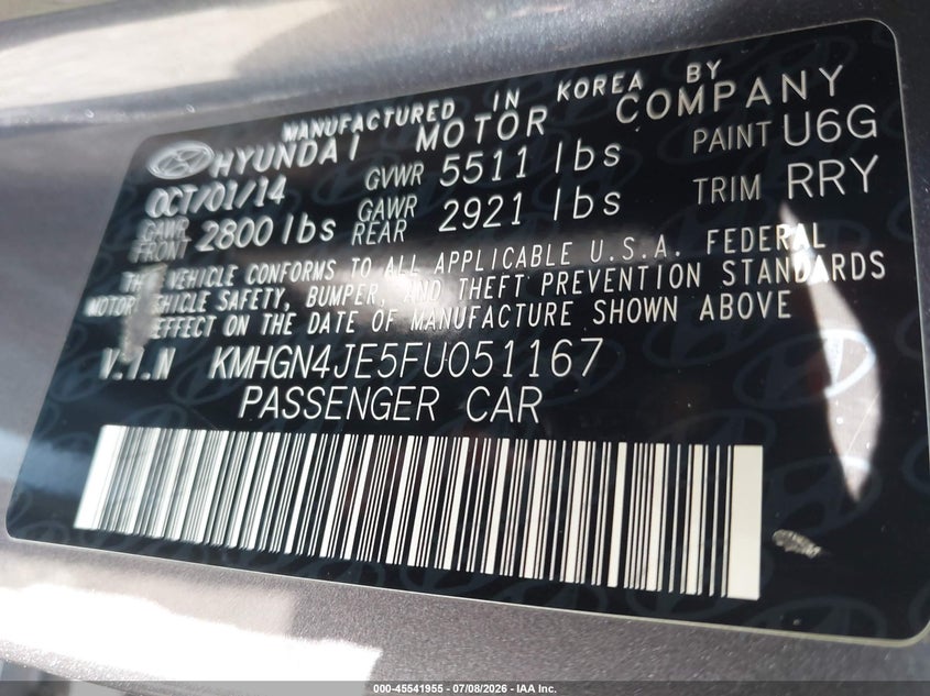 2015 Hyundai Genesis VIN KMHGN4JE5FU051167 IAAI salvage auction — SIDE, Clear (Massachusetts), sold $3,200 on 2026-07-15 (photo 9)