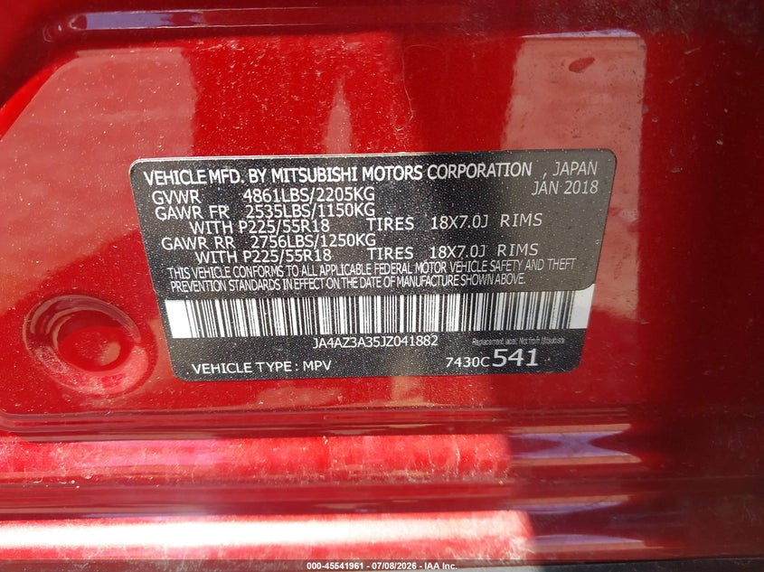 2018 Mitsubishi Outlander VIN JA4AZ3A35JZ041882 IAAI salvage auction — REAR END, Salvage (Pennsylvania), sold $2,950 on 2026-07-21 (photo 9)