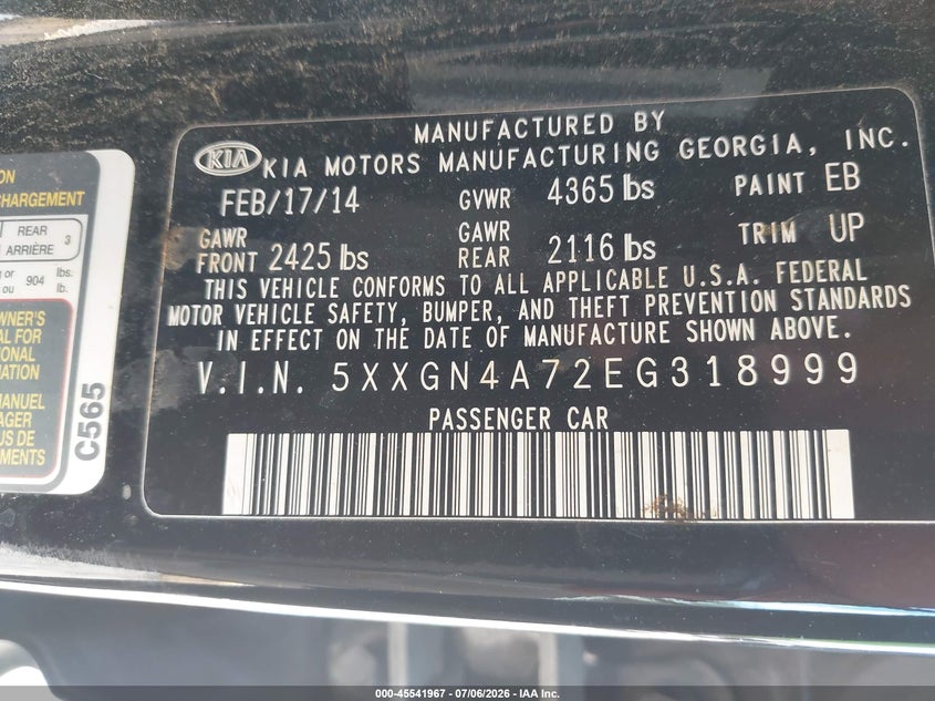 2014 Kia Optima VIN 5XXGN4A72EG318999 IAAI salvage auction — FRONT END, Salvage (Texas), sold $700 on 2026-08-02 (photo 9)